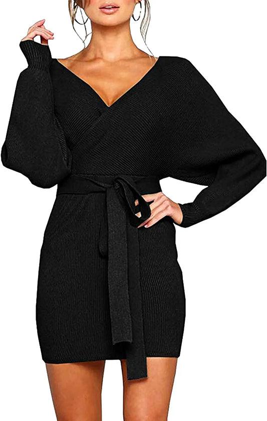 Long Sleeve Backless Wrap Knit Sweater Mini Dress